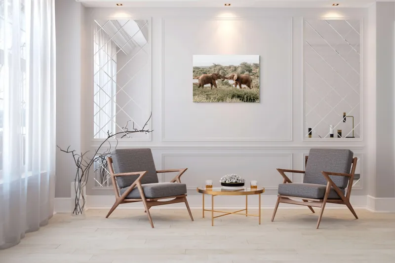 Tablou Canvas, "Elefanți în dansul naturii sălbatice", Elefanți, Râu, Arbori, Iarbă, Cer, Interacțiune, Natură, Savana, 100 x 70 cm – poza 5