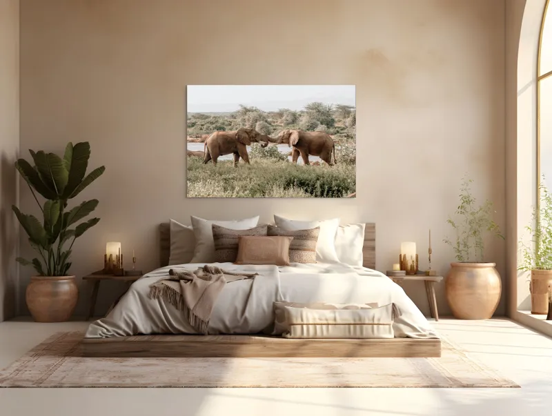 Tablou Canvas, "Elefanți în dansul naturii sălbatice", Elefanți, Râu, Arbori, Iarbă, Cer, Interacțiune, Natură, Savana, 150 x 100 cm – poza 4
