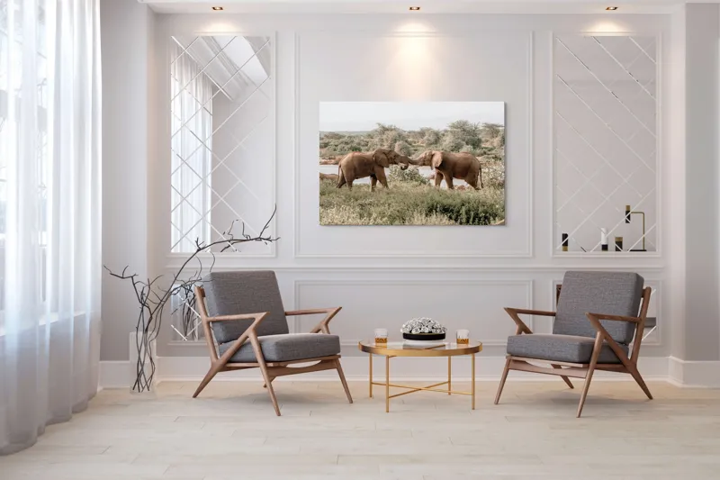 Tablou Canvas, "Elefanți în dansul naturii sălbatice", Elefanți, Râu, Arbori, Iarbă, Cer, Interacțiune, Natură, Savana, 150 x 100 cm – poza 7