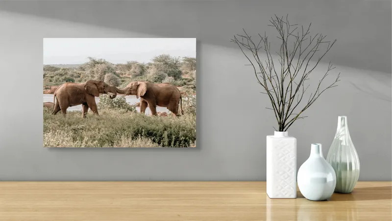 Tablou Canvas, "Elefanți în dansul naturii sălbatice", Elefanți, Râu, Arbori, Iarbă, Cer, Interacțiune, Natură, Savana, 54 x 39 cm – poza 3