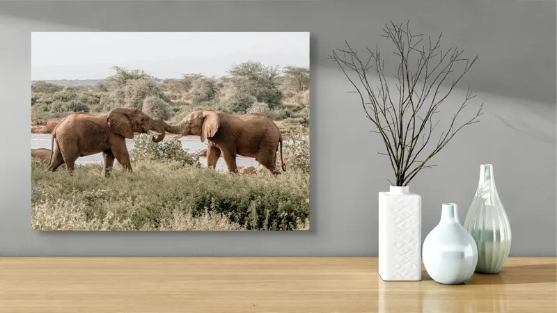Tablou Canvas, "Elefanți în dansul naturii sălbatice", Elefanți, Râu, Arbori, Iarbă, Cer, Interacțiune, Natură, Savana, 70 x 50 cm – poza 3