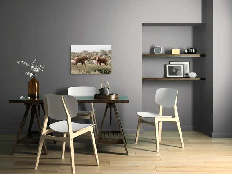 Tablou Canvas, "Elefanți în dansul naturii sălbatice", Elefanți, Râu, Arbori, Iarbă, Cer, Interacțiune, Natură, Savana, 70 x 50 cm – poza 5