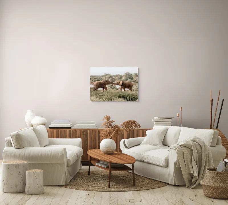 Tablou Canvas, "Elefanți în dansul naturii sălbatice", Elefanți, Râu, Arbori, Iarbă, Cer, Interacțiune, Natură, Savana, 70 x 50 cm – poza 6