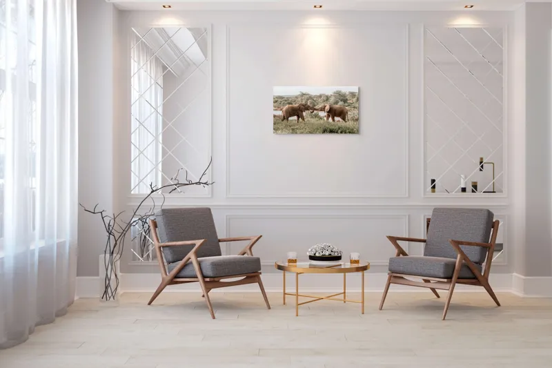Tablou Canvas, "Elefanți în dansul naturii sălbatice", Elefanți, Râu, Arbori, Iarbă, Cer, Interacțiune, Natură, Savana, 90 x 50 cm – poza 7
