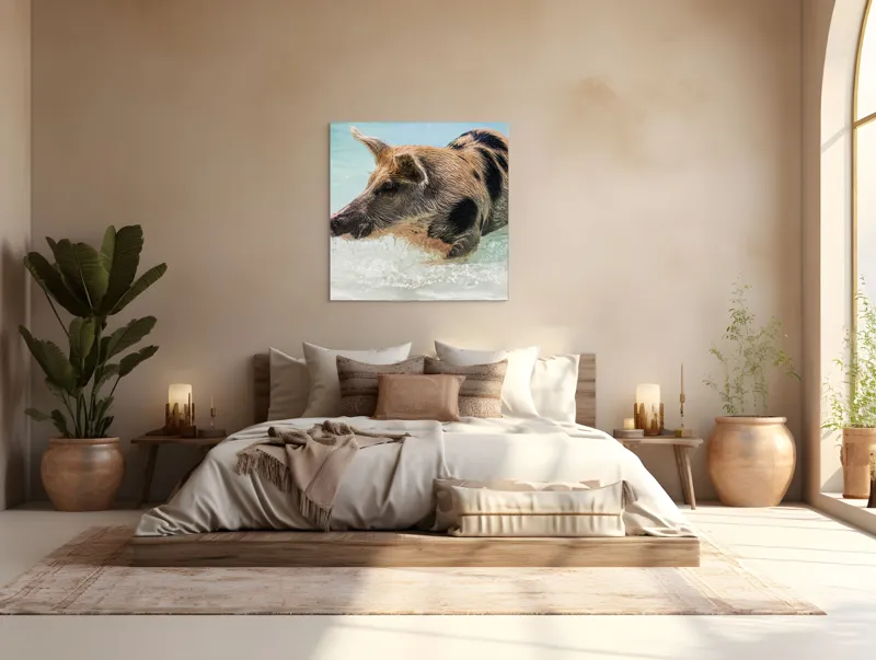 Tablou Canvas, "Porcul aventuros în mare albastră", Porc, Apă, Înot, Pete, Frumusețe, Natură, Joacă, Relaxare, 100 x 100 cm – poza 4