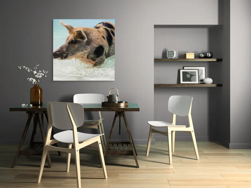 Tablou Canvas, "Porcul aventuros în mare albastră", Porc, Apă, Înot, Pete, Frumusețe, Natură, Joacă, Relaxare, 100 x 100 cm – poza 6