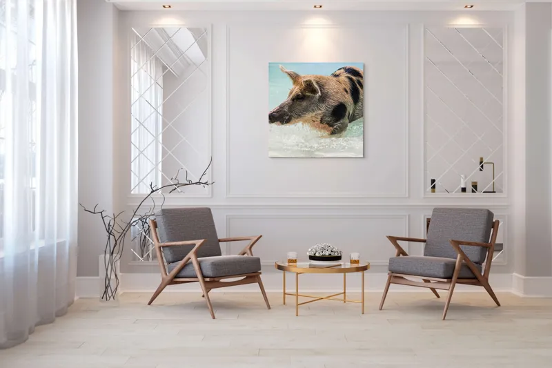 Tablou Canvas, "Porcul aventuros în mare albastră", Porc, Apă, Înot, Pete, Frumusețe, Natură, Joacă, Relaxare, 100 x 100 cm – poza 7