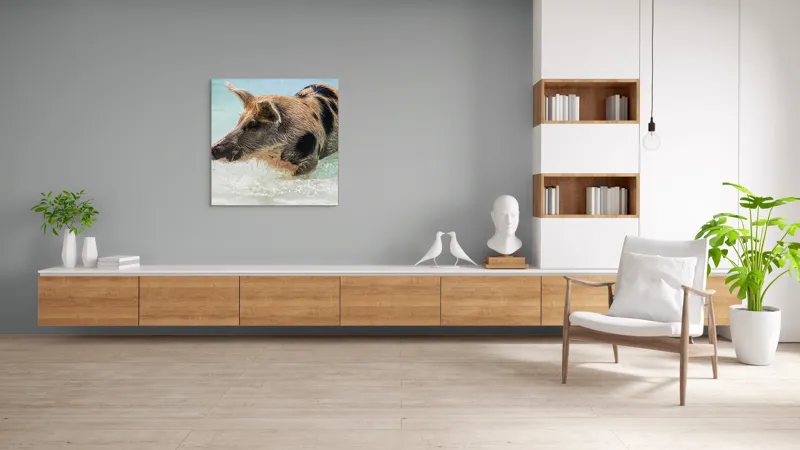 Tablou Canvas, "Porcul aventuros în mare albastră", Porc, Apă, Înot, Pete, Frumusețe, Natură, Joacă, Relaxare, 100 x 100 cm – poza 8