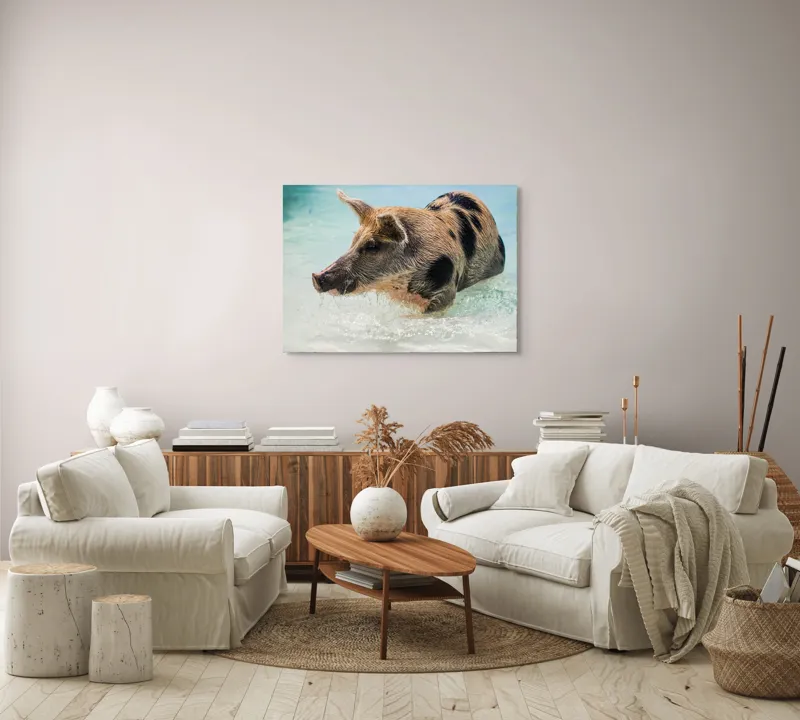 Tablou Canvas, "Porcul aventuros în mare albastră", Porc, Apă, Înot, Pete, Frumusețe, Natură, Joacă, Relaxare, 100 x 70 cm – poza 3