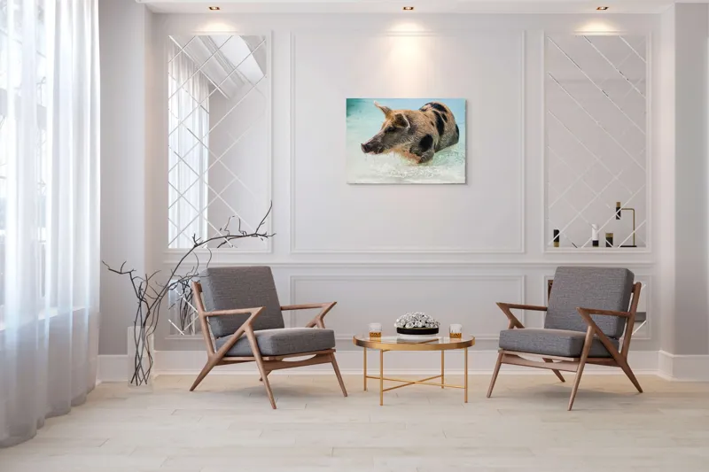 Tablou Canvas, "Porcul aventuros în mare albastră", Porc, Apă, Înot, Pete, Frumusețe, Natură, Joacă, Relaxare, 100 x 70 cm – poza 5