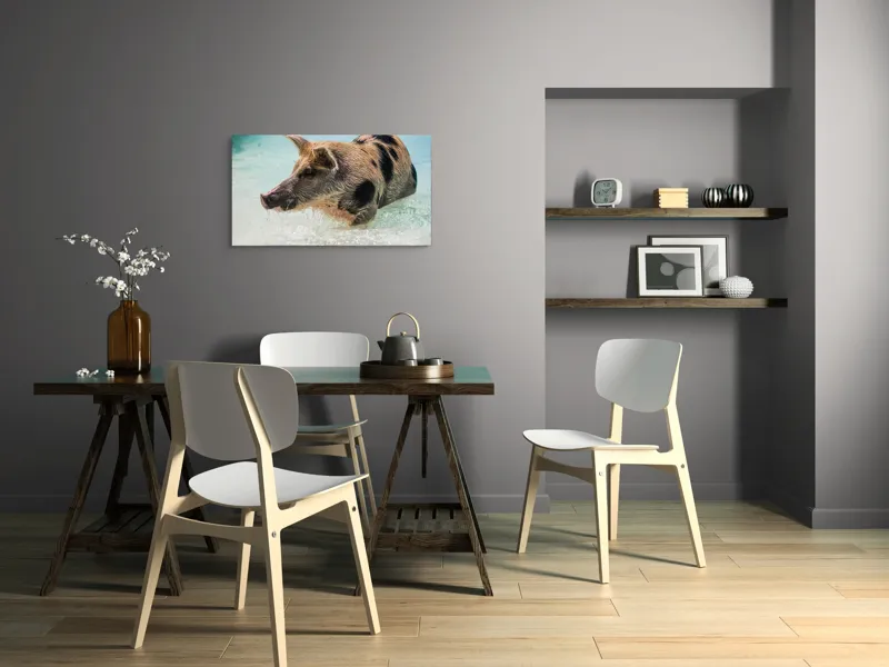 Tablou Canvas, "Porcul aventuros în mare albastră", Porc, Apă, Înot, Pete, Frumusețe, Natură, Joacă, Relaxare, 90 x 50 cm – poza 3