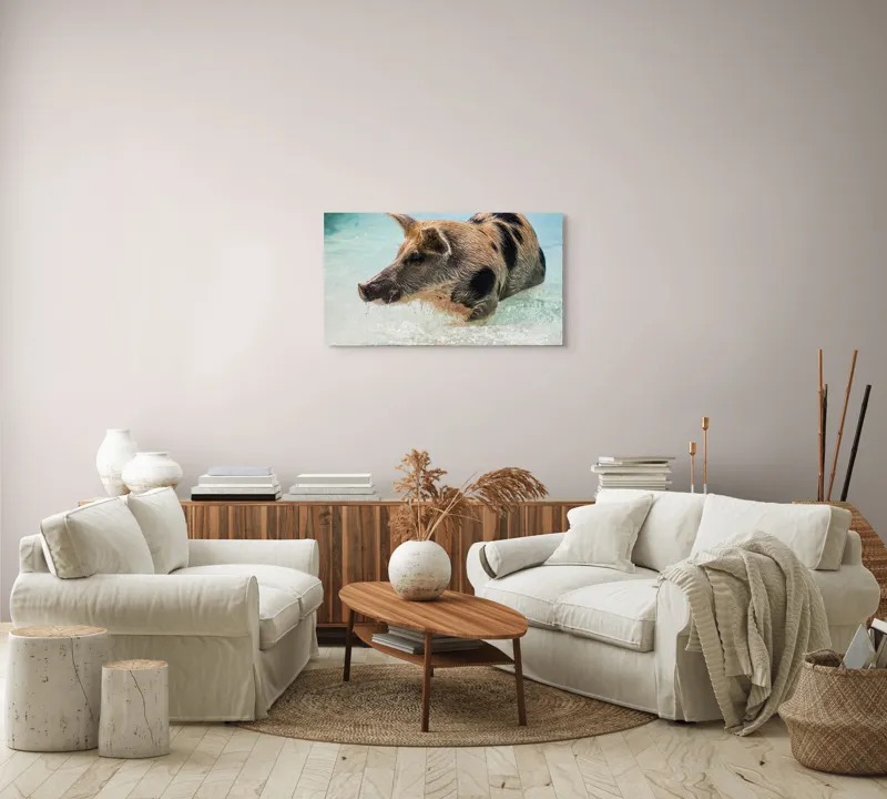 Tablou Canvas, "Porcul aventuros în mare albastră", Porc, Apă, Înot, Pete, Frumusețe, Natură, Joacă, Relaxare, 90 x 50 cm – poza 4