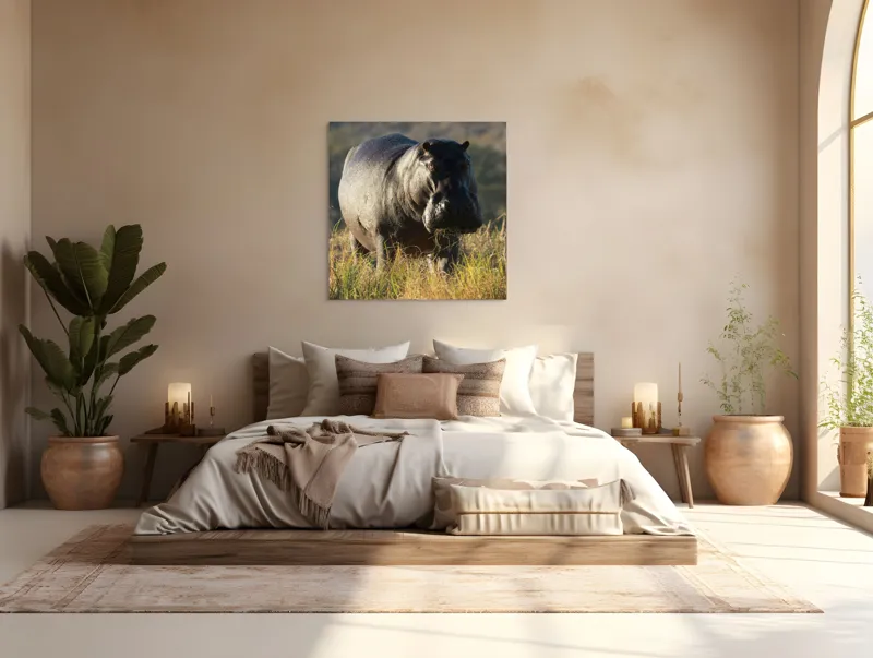 Tablou Canvas, "Hipopotam la apus de soare", Hipopotam, Iarbă, Apus, Safari, Sălbăticie, Natură, Peisaj, 100 x 100 cm – poza 4