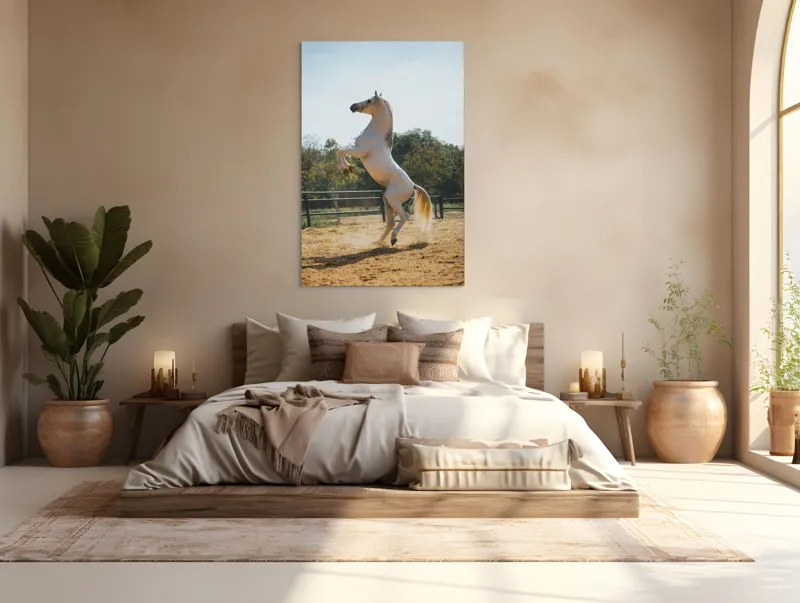 Tablou Canvas, "Cal alb în splendoarea dimineții", Cal, Majestuos, Alb, Galopant, Energie, Natură, Frumusețe, Libertate, Grație, Putere, 100 x 150 cm – poza 3