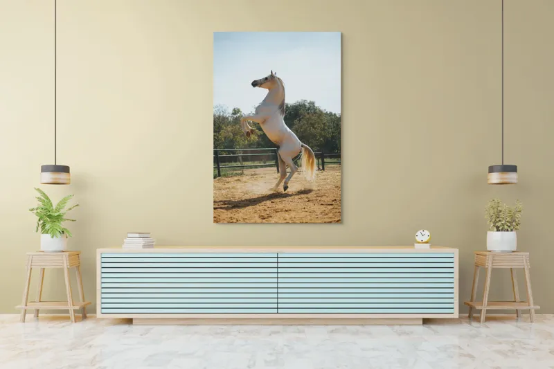 Tablou Canvas, "Cal alb în splendoarea dimineții", Cal, Majestuos, Alb, Galopant, Energie, Natură, Frumusețe, Libertate, Grație, Putere, 100 x 150 cm – poza 4