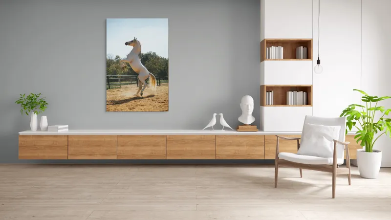 Tablou Canvas, "Cal alb în splendoarea dimineții", Cal, Majestuos, Alb, Galopant, Energie, Natură, Frumusețe, Libertate, Grație, Putere, 100 x 150 cm – poza 8