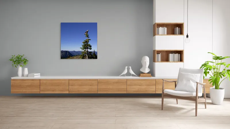 Tablou Canvas, "Pasărea singuratică pe vârful muntelui", Pasăre, Vârf, Copac, Albastru, Cer, Munți, Natură, Peisaj, Singurătate, Liniște, 100 x 100 cm – poza 8