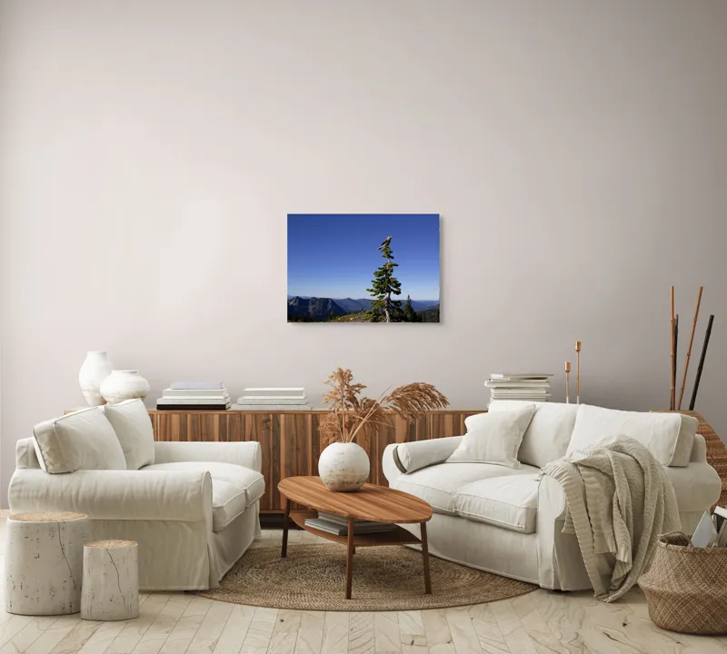 Tablou Canvas, "Pasărea singuratică pe vârful muntelui", Pasăre, Vârf, Copac, Albastru, Cer, Munți, Natură, Peisaj, Singurătate, Liniște, 70 x 50 cm – poza 6