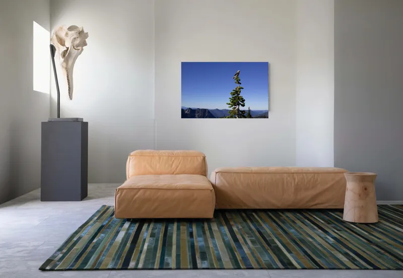 Tablou Canvas, "Pasărea singuratică pe vârful muntelui", Pasăre, Vârf, Copac, Albastru, Cer, Munți, Natură, Peisaj, Singurătate, Liniște, 90 x 50 cm – poza 8