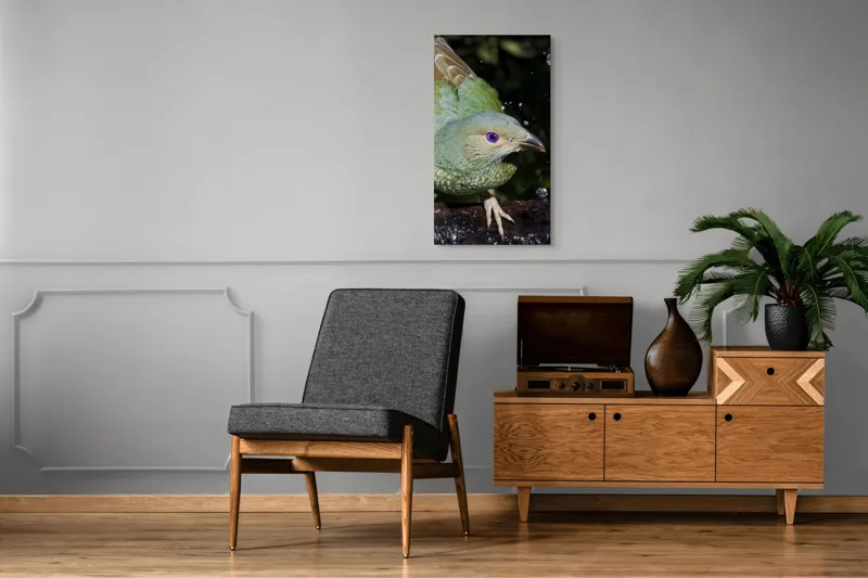Tablou Canvas, "Pasărea verde sub stropii ploii", Nu pot spune cine este în imagine, dar pot descrie elementele și caracteristicile vizuale ale acesteia. Picături, Natura, Verde, Pene, Ochi, Dinamism, Frumusețe, Lumină, Textură, Detaliu, 50 x 90 cm – poza 8