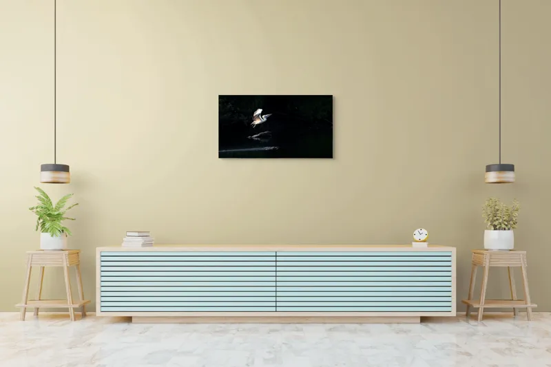 Tablou Canvas, "Zborul pelicanului în amurg liniștit", Pasăre, Zbor, Noapte, Apă, Solitudine, Mister., 90 x 50 cm – poza 5