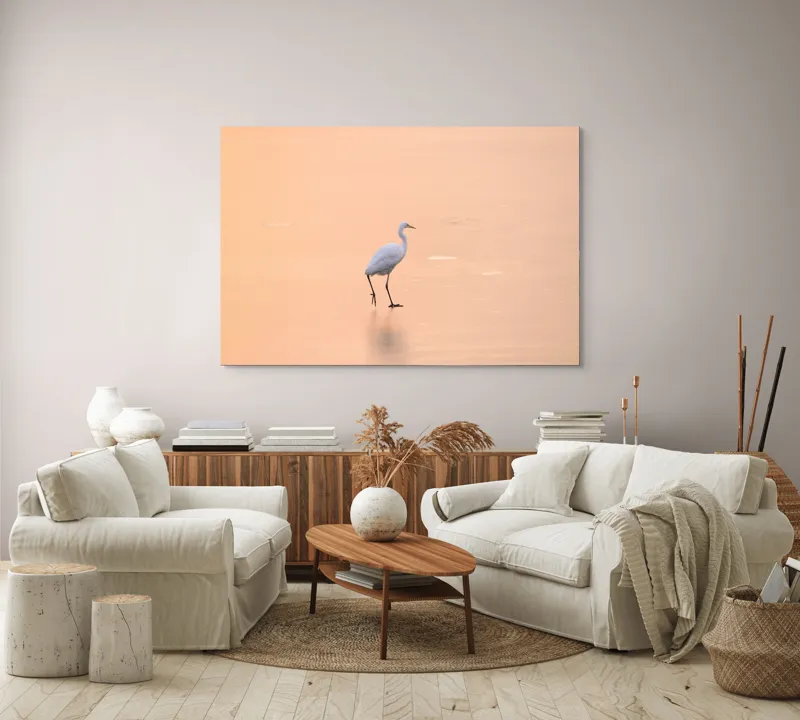 Tablou Canvas, "Egreta pășind pe ape aurii", Calm, Serene, Graceful, Solitary, Peaceful, 150 x 100 cm – poza 3