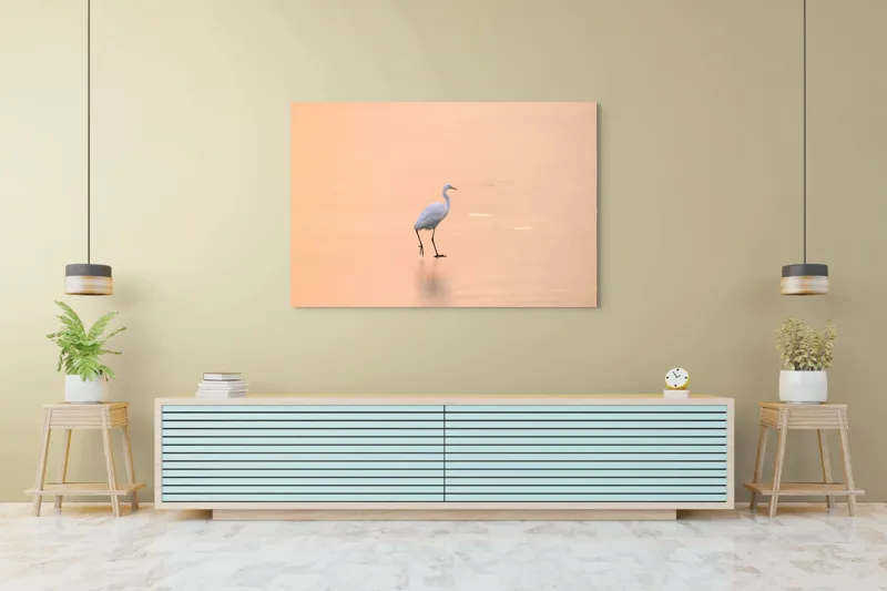 Tablou Canvas, "Egreta pășind pe ape aurii", Calm, Serene, Graceful, Solitary, Peaceful, 150 x 100 cm – poza 6