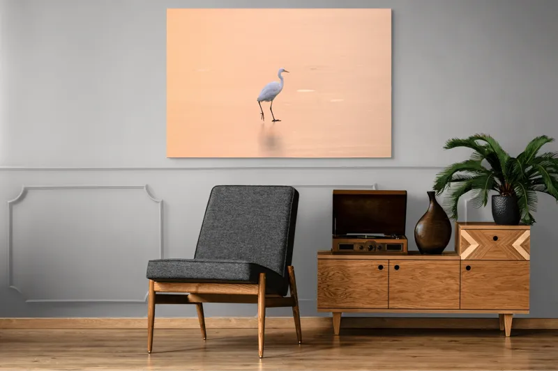 Tablou Canvas, "Egreta pășind pe ape aurii", Calm, Serene, Graceful, Solitary, Peaceful, 150 x 100 cm – poza 8