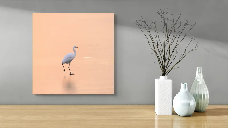 Tablou Canvas, "Egreta pășind pe ape aurii", Calm, Serene, Graceful, Solitary, Peaceful, 50 x 50 cm – poza 3