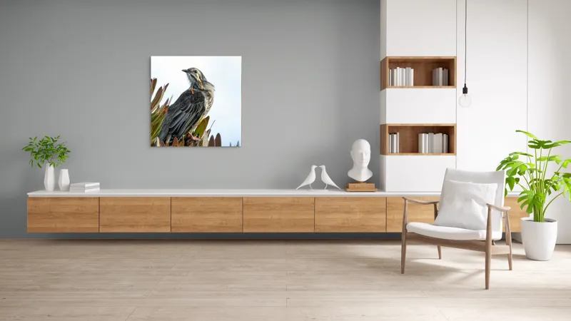 Tablou Canvas, "Pasărea mândră pe ramură verde", Pasăre, Frunze, Penaj, Cer, Natură, 100 x 100 cm – poza 8
