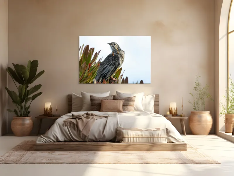 Tablou Canvas, "Pasărea mândră pe ramură verde", Pasăre, Frunze, Penaj, Cer, Natură, 150 x 100 cm – poza 4