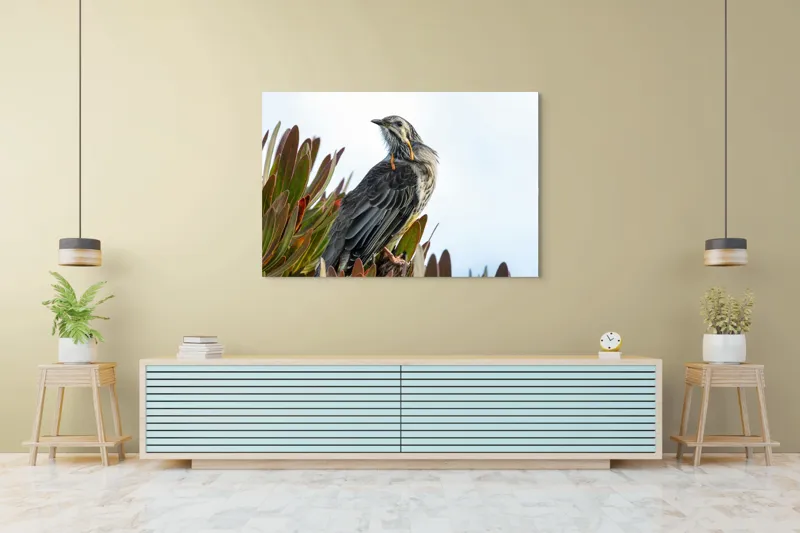Tablou Canvas, "Pasărea mândră pe ramură verde", Pasăre, Frunze, Penaj, Cer, Natură, 150 x 100 cm – poza 6