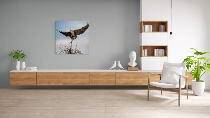 Tablou Canvas, "Zborul majestuos al egretei albastre", Pasăre, Aripi, Cer, Cuib, Răsărit, Eleganță, Zbor, Natură., 100 x 100 cm – poza 8
