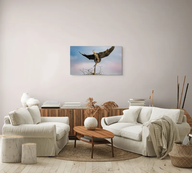 Tablou Canvas, "Zborul majestuos al egretei albastre", Pasăre, Aripi, Cer, Cuib, Răsărit, Eleganță, Zbor, Natură., 90 x 50 cm – poza 4
