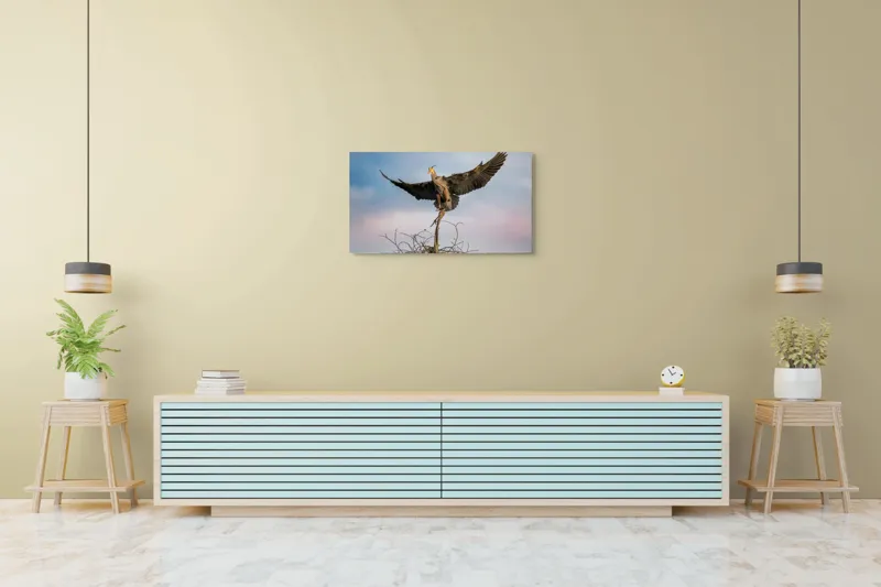 Tablou Canvas, "Zborul majestuos al egretei albastre", Pasăre, Aripi, Cer, Cuib, Răsărit, Eleganță, Zbor, Natură., 90 x 50 cm – poza 5