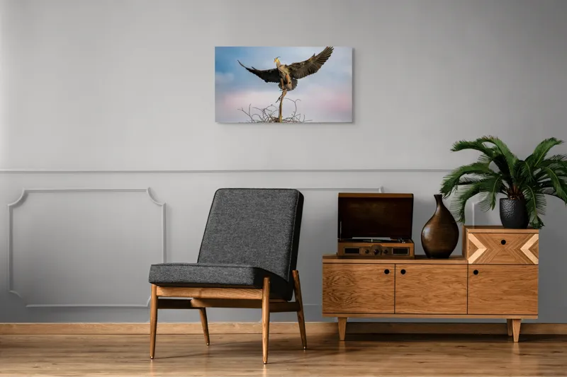 Tablou Canvas, "Zborul majestuos al egretei albastre", Pasăre, Aripi, Cer, Cuib, Răsărit, Eleganță, Zbor, Natură., 90 x 50 cm – poza 6