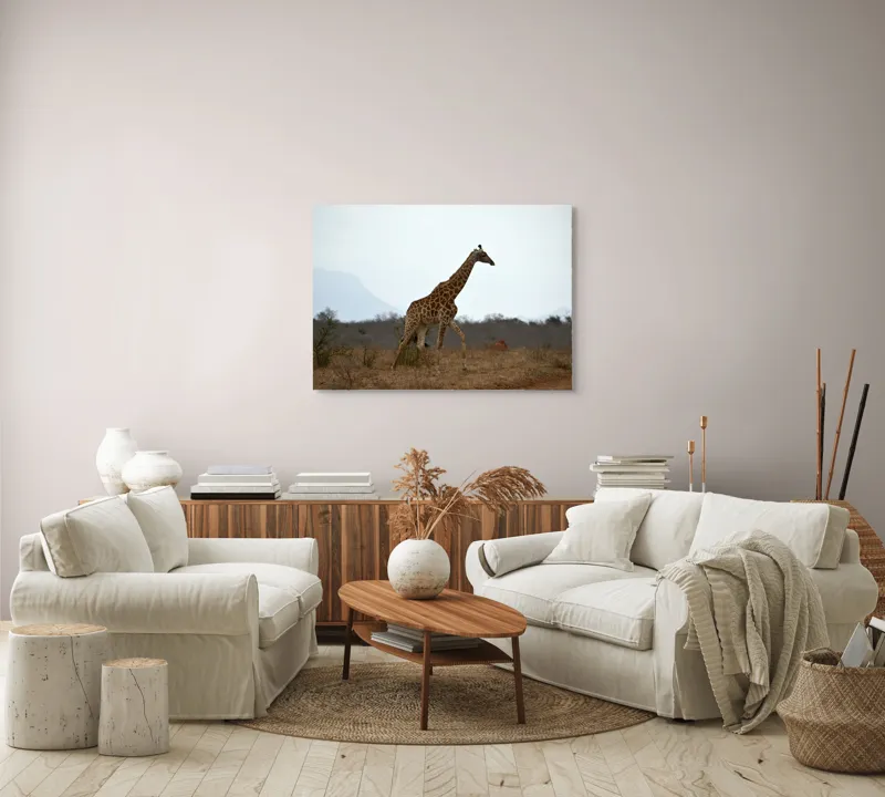 Tablou Canvas, "Gingașul rege al savanei africane", Girafă, Savana, Cer, Arbori, Pământ, Sălbăticie, Picioare, Eleganță, Gât, Peisaj, 100 x 70 cm – poza 3