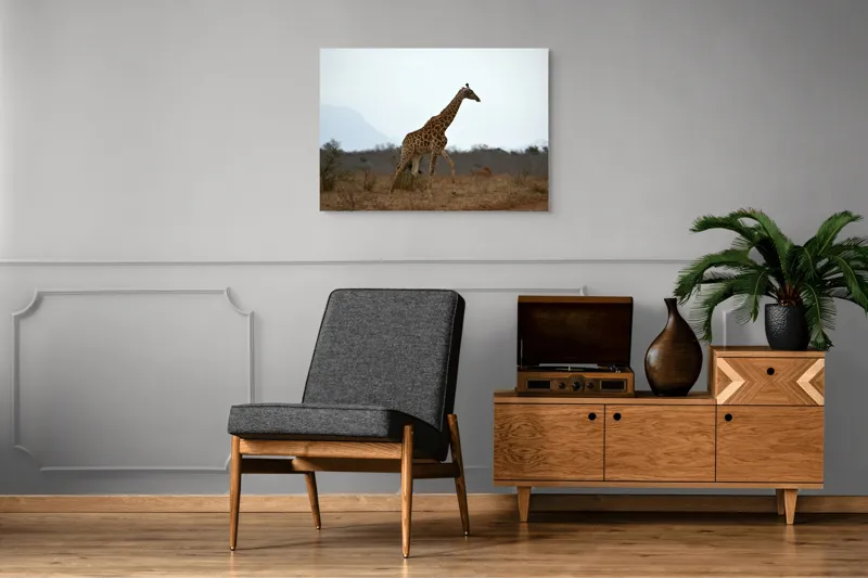 Tablou Canvas, "Gingașul rege al savanei africane", Girafă, Savana, Cer, Arbori, Pământ, Sălbăticie, Picioare, Eleganță, Gât, Peisaj, 100 x 70 cm – poza 8