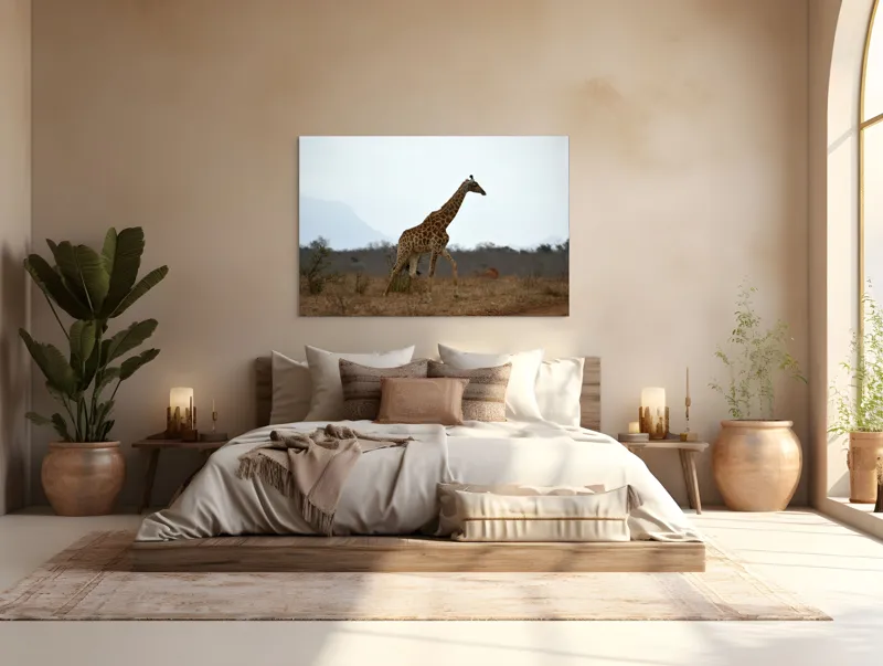 Tablou Canvas, "Gingașul rege al savanei africane", Girafă, Savana, Cer, Arbori, Pământ, Sălbăticie, Picioare, Eleganță, Gât, Peisaj, 150 x 100 cm – poza 4