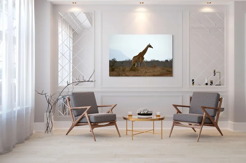 Tablou Canvas, "Gingașul rege al savanei africane", Girafă, Savana, Cer, Arbori, Pământ, Sălbăticie, Picioare, Eleganță, Gât, Peisaj, 150 x 100 cm – poza 7