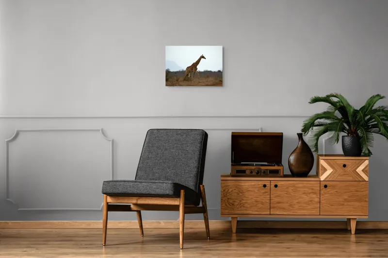 Tablou Canvas, "Gingașul rege al savanei africane", Girafă, Savana, Cer, Arbori, Pământ, Sălbăticie, Picioare, Eleganță, Gât, Peisaj, 54 x 39 cm – poza 7