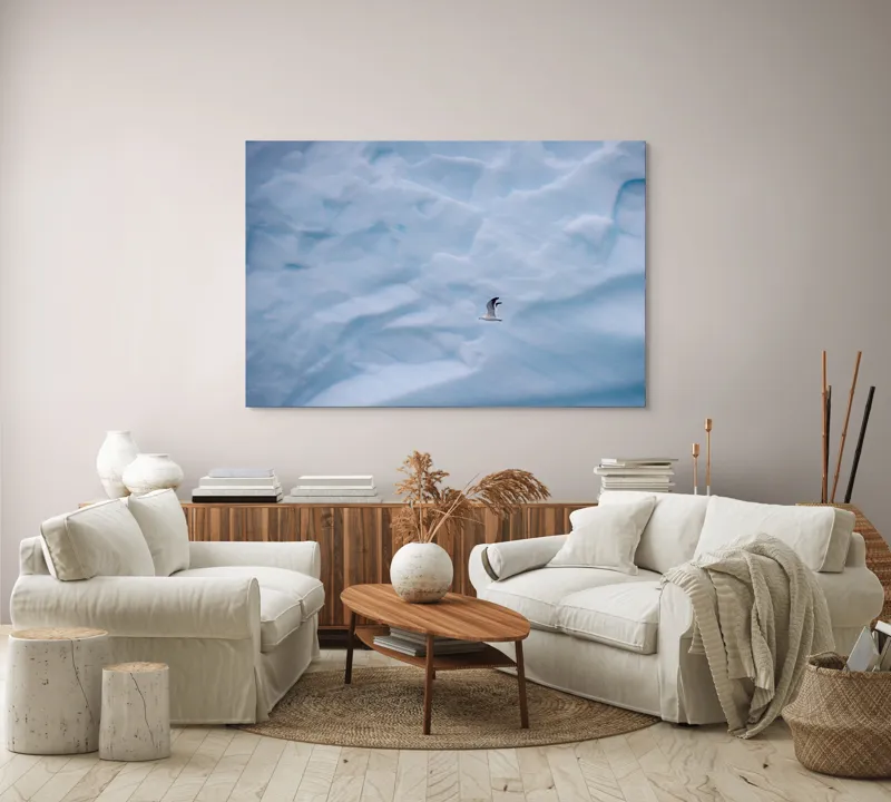 Tablou Canvas, "Zbor lin printre ghețurile albastre", Pasăre, Gheață, Albastru, Zbor, Frig, Cer, Arctic, Singurătate, Natură, Frumusețe, 150 x 100 cm – poza 3