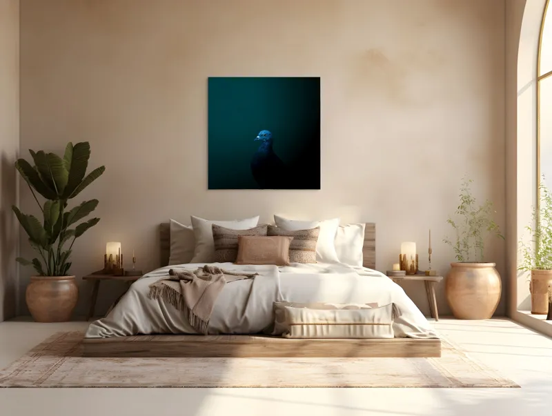 Tablou Canvas, "Porumbel în întunericul misterios al nopții", Porumbel, Mister, Eleganță, Umbră, Contrast, Noapte, Izolare, Calm, Albastru, Obscuritate, 100 x 100 cm – poza 4