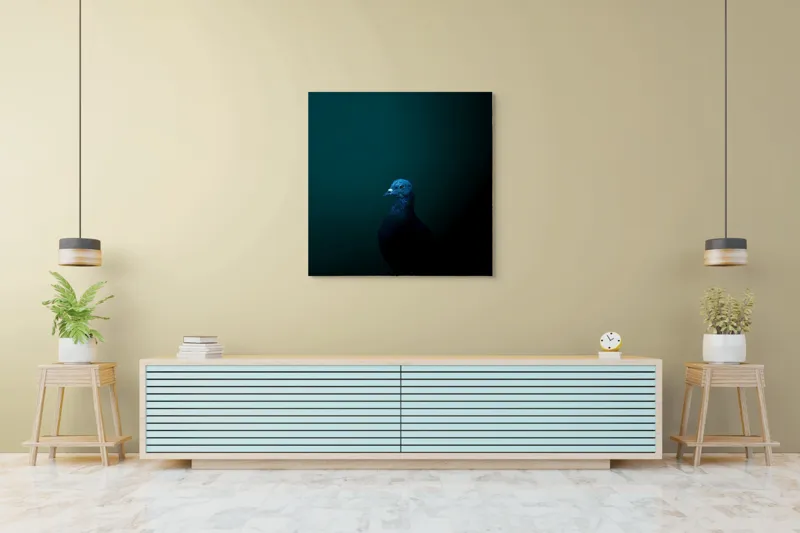 Tablou Canvas, "Porumbel în întunericul misterios al nopții", Porumbel, Mister, Eleganță, Umbră, Contrast, Noapte, Izolare, Calm, Albastru, Obscuritate, 100 x 100 cm – poza 5
