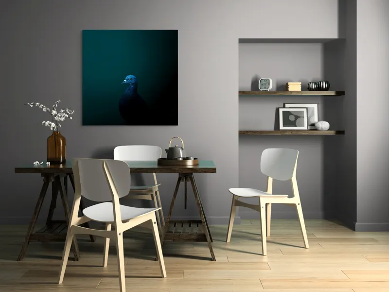 Tablou Canvas, "Porumbel în întunericul misterios al nopții", Porumbel, Mister, Eleganță, Umbră, Contrast, Noapte, Izolare, Calm, Albastru, Obscuritate, 100 x 100 cm – poza 6