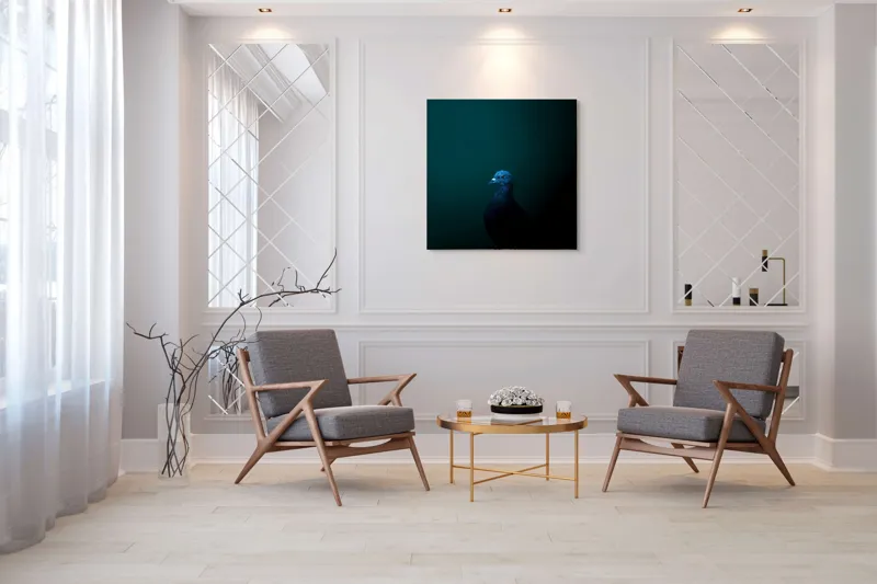 Tablou Canvas, "Porumbel în întunericul misterios al nopții", Porumbel, Mister, Eleganță, Umbră, Contrast, Noapte, Izolare, Calm, Albastru, Obscuritate, 100 x 100 cm – poza 7