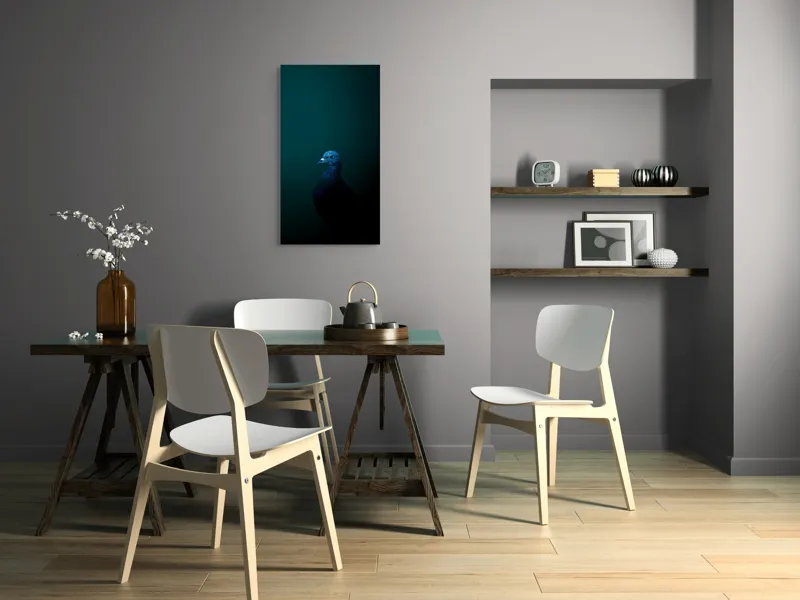 Tablou Canvas, "Porumbel în întunericul misterios al nopții", Porumbel, Mister, Eleganță, Umbră, Contrast, Noapte, Izolare, Calm, Albastru, Obscuritate, 50 x 90 cm – poza 4