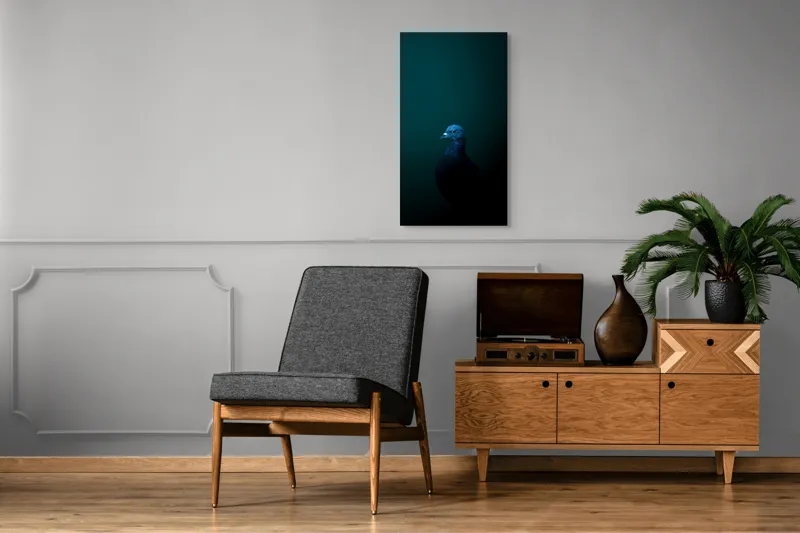 Tablou Canvas, "Porumbel în întunericul misterios al nopții", Porumbel, Mister, Eleganță, Umbră, Contrast, Noapte, Izolare, Calm, Albastru, Obscuritate, 50 x 90 cm – poza 8