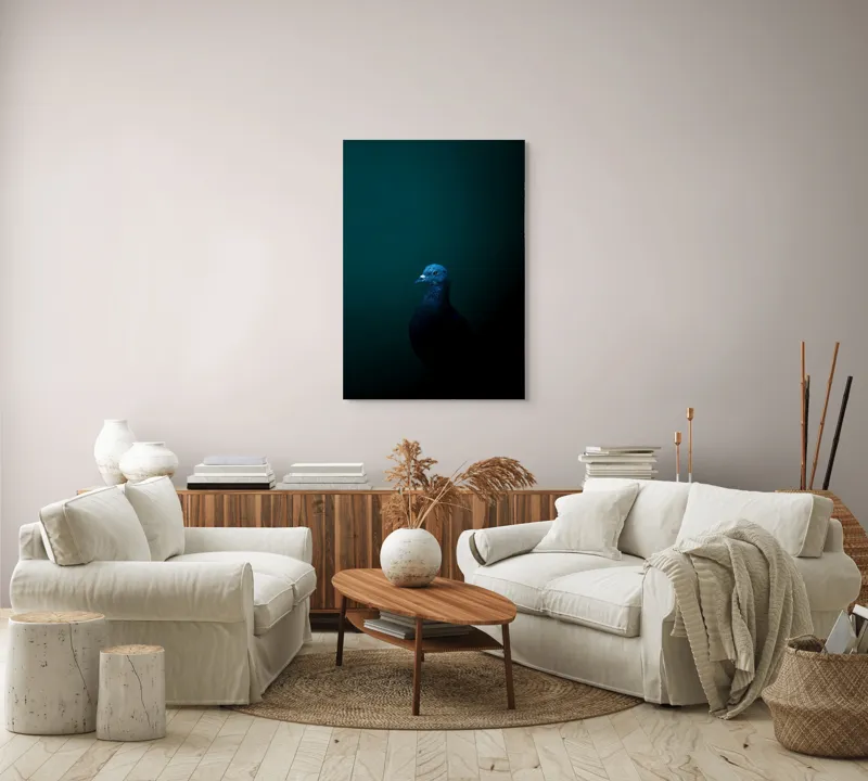 Tablou Canvas, "Porumbel în întunericul misterios al nopții", Porumbel, Mister, Eleganță, Umbră, Contrast, Noapte, Izolare, Calm, Albastru, Obscuritate, 70 x 100 cm – poza 4