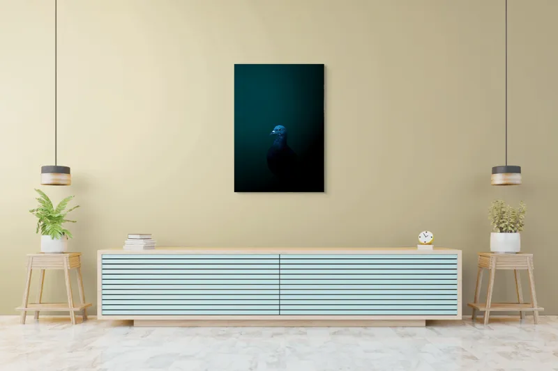 Tablou Canvas, "Porumbel în întunericul misterios al nopții", Porumbel, Mister, Eleganță, Umbră, Contrast, Noapte, Izolare, Calm, Albastru, Obscuritate, 70 x 100 cm – poza 5